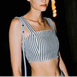 NEW Zara Blue White Striped Cotton Crop Top Sleeveless Square Neck Corset Size S